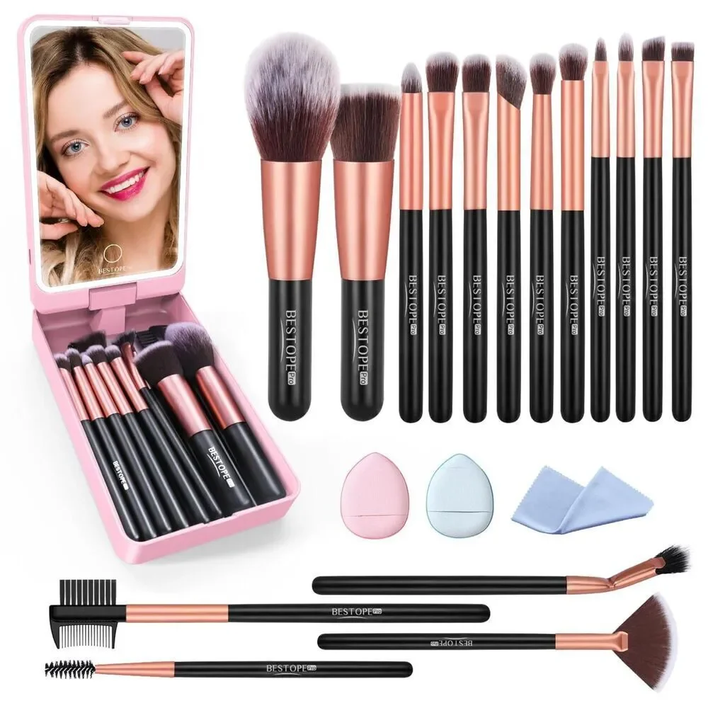 20 Pcs Gold Travel Makeup Brush Set With Led Light Mirror Holder & 2 Powder Puff